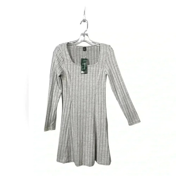 SHEIN, Ribbed Striped Skater Dress With Long Sleeves, Medium / US 6, Grey - Picture 2 of 10